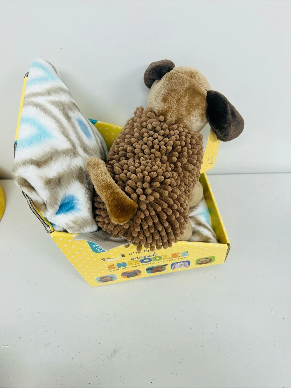 Sweet Snoodles Brown Plush Puppy with Blue & White Baby Blanket